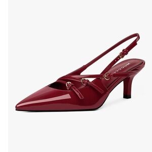 MUCCCUTE Red Patent Leather Slingback Kitten Heels Pointed Buckle Shoes Size 8